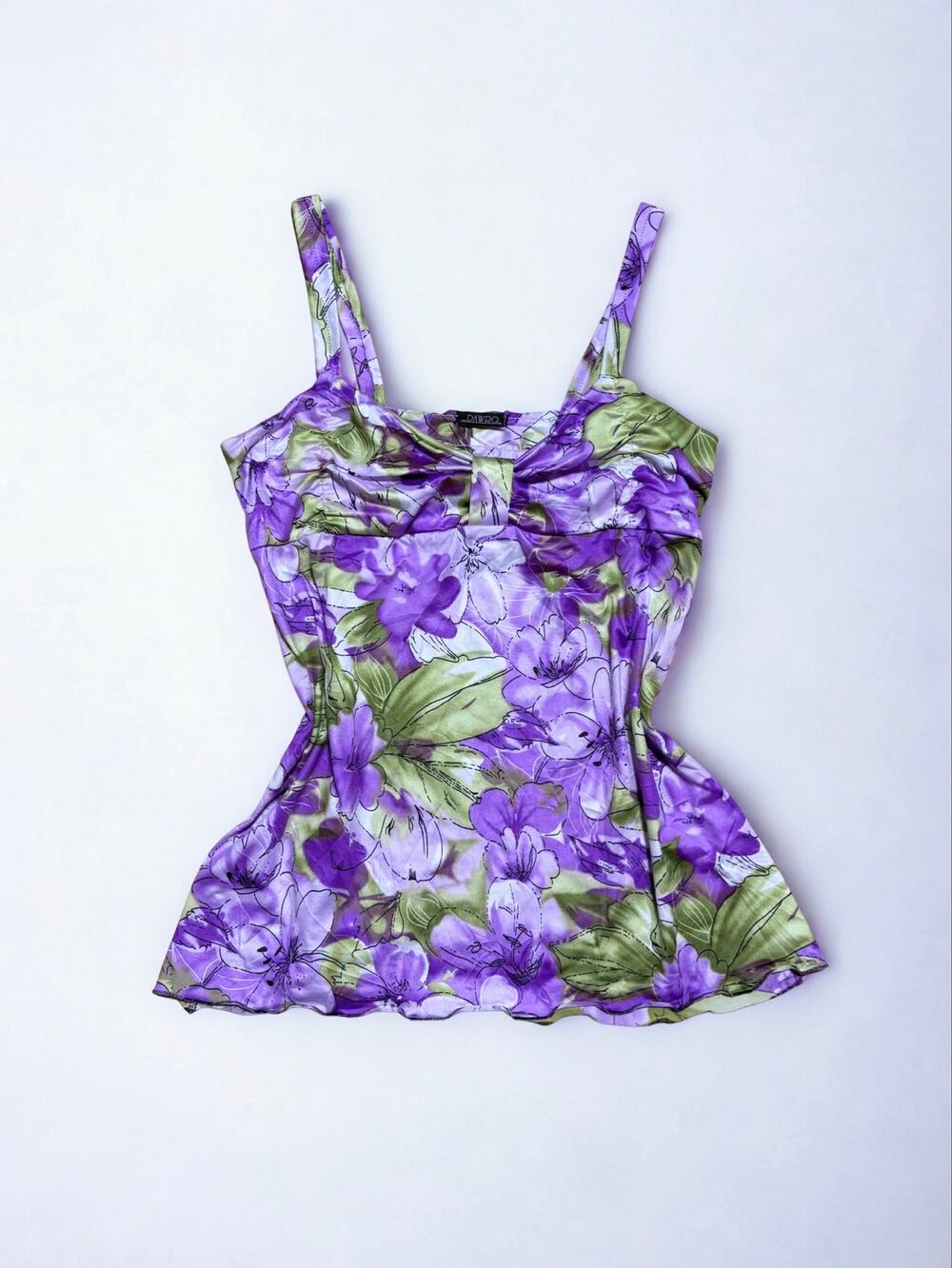 Y2K Purple Green Floral Satin Babydoll Empire Waist Slip Cami Top Size S/M